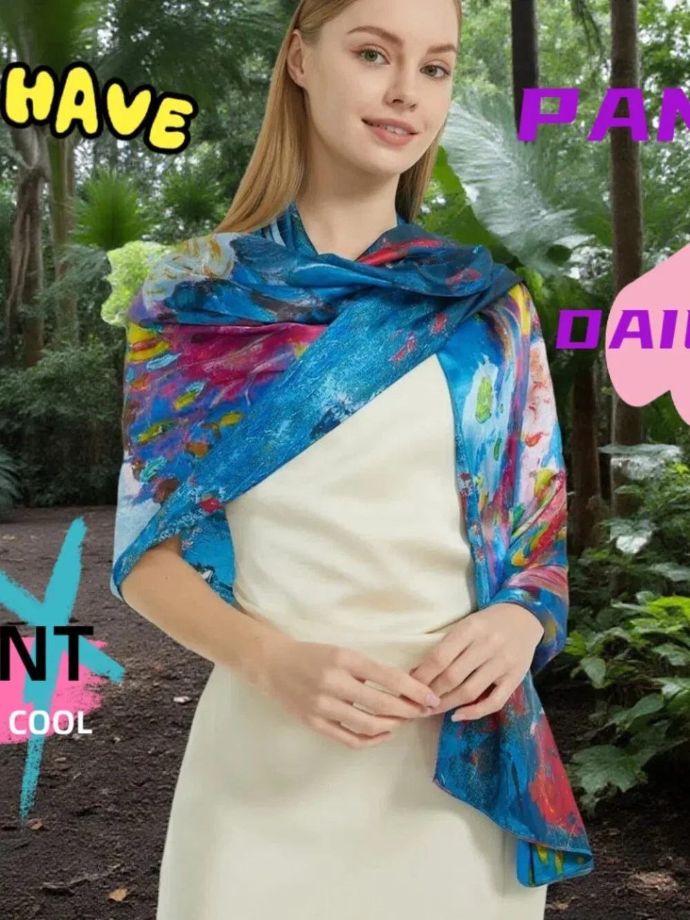 Floral Print Long Scarf Lightweight Silk Feeling Shawl Double-Sided